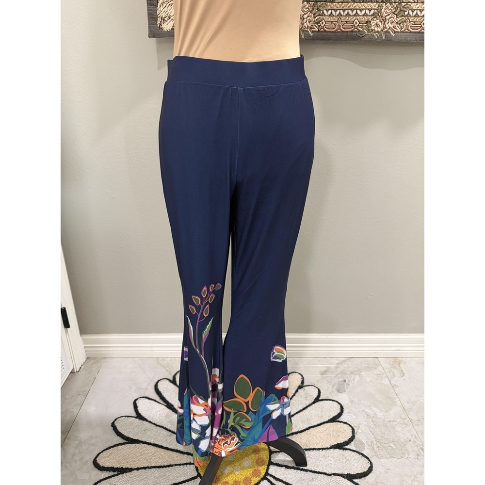 David‎ Meister Pants Womens Large Blue Floral Wide Leg Pull On Stretch Jersey